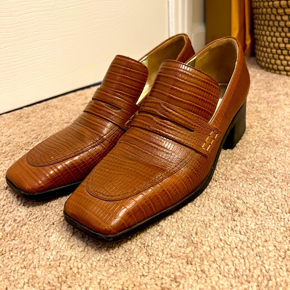 Suzanne Rae wide-toe loafers in caramel brown faux croc